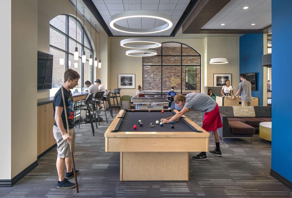 Residence hall images of public spaces for students at a University.